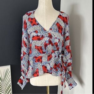 PARKER Dearie Animal Print Silk Wrap Blouse Womens Sz M Long Sleeve Peplum Top